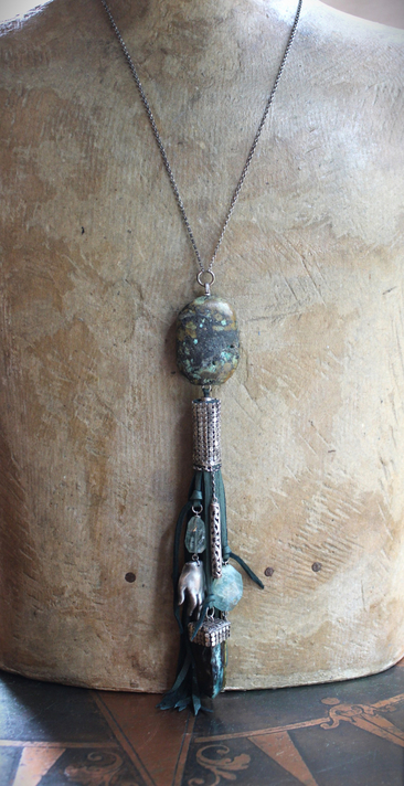 SOLD to J You will Find Necklace with Forest Green Leather Tassel,Silver Mesh,Silver Hand,Ancient Turquoise,Opalized Petrified Wood Point & More!