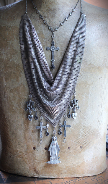 Rare Sterling Mesh Scarf Necklace Set w/French Marian Medals and Crosses, French Puffy Witches Heart Drops, Tiny Sterling Crowns with Star Drops,Sterling Rolo Chain