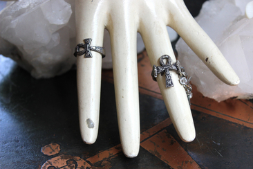 Antique Sterling Ankh Ring Set with Tiny Medals,Ankh Cross and Antique Faceted Prong Set Rock Crystals