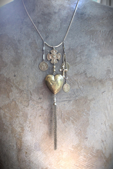 The Life of the Soul Necklace w/Small Antique French Engraved Ex Voto Locket, Antique Stanhope Cross Antique European Medals, Rare 4 Way Scapular Cross & More!