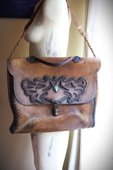 Amazing Old Carved Leather Bag with Turquoise Nugget & Unique Closure Tab- incredible old piece & perfect for Laptop Briefcase or as a Tote!