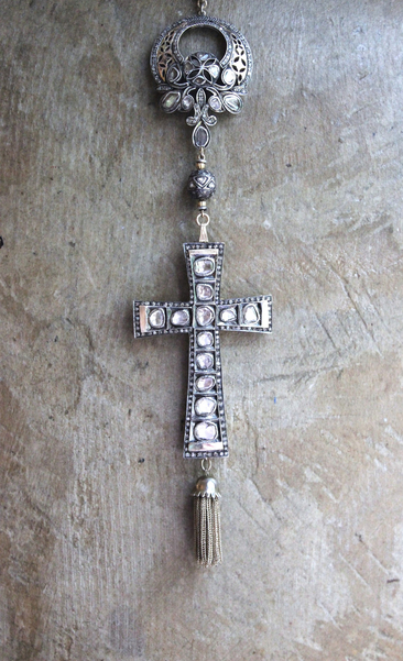SOLD to J The God of Everyone Necklace with Gold and Silver Mughal Polki Diamond Cross, Intricate Center Piece and Bead, Antique Foxtail Chain & Tassel