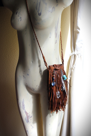 En Shalla Butter Soft Leather Cross Body Bag with Faceted Turquoise Drop,Glass Galaxy Orbs,Wire Wrapped Quartz & Feather