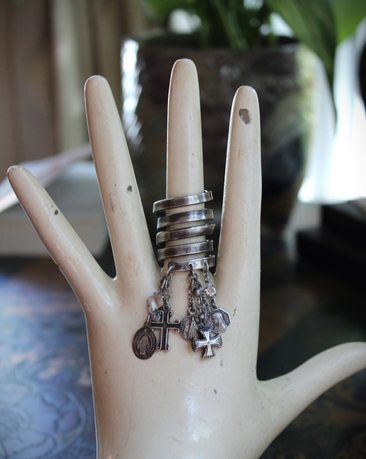 Wide Solid 999 Sterling Artisan Wrap Ring with Multiple Tiny Antique Medals, Sterling Crosses, Faceted Rock Crystal Connectors