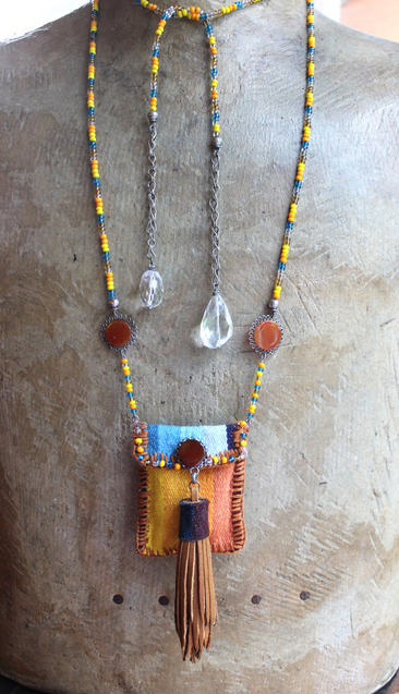 How you Shine Necklace with Hand Stitched & Beaded Antique Serape Textile Pouch, NA Seed Bead Chain,Faceted Rock Quartz Drops,Success Stone & More!
