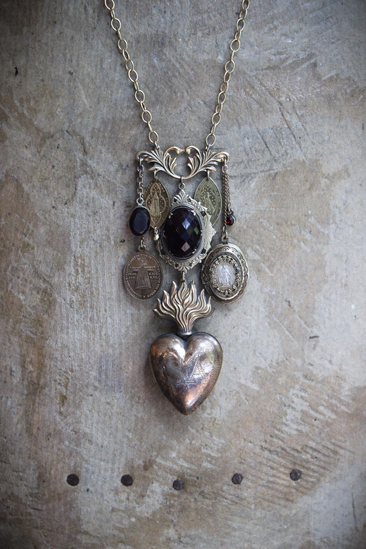 Antique Engraved Ex Voto Necklace with Amazing Faceted Blood of Christ Garnet,Marian Locket,Antique Medals & More!