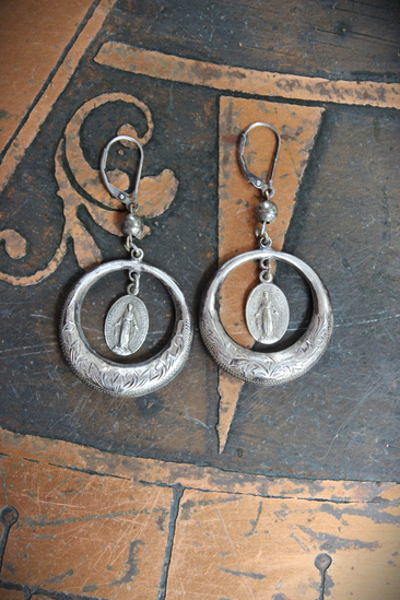 Beautiful Antique French Engraved Sterling Hoop Earrings with Tiny Antique French Marian Medals, Sterling Beads and Sterling Lever back Earring Wires
