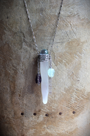 NEW! I Wish I could Show You Necklace with Fluorite Capped Selenite Wand, Faceted Fluorite Stones, Silver Bead Point Chain and Fringe
