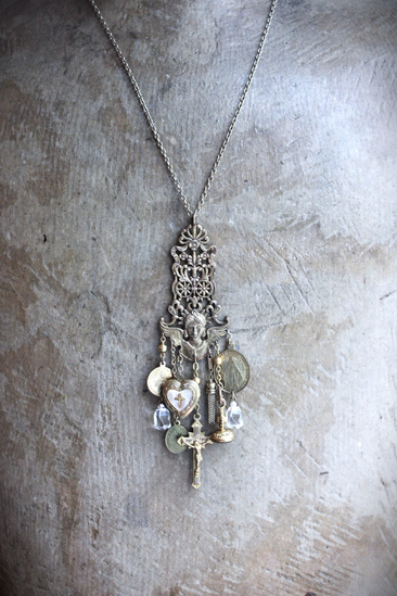 Watch Over You Necklace with Unique Angel Finding,RARE All Seeing Eye Gilt Wax Seal,Antique Medals,Vintage Heart Locket,Faceted Rock Crystal Drops & More!