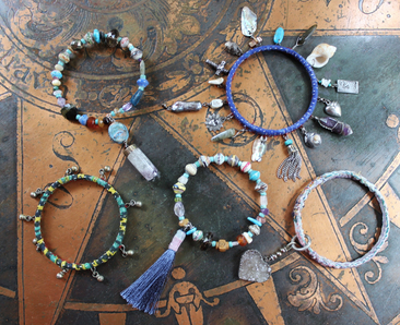 Endless Bounty Bangle Set with Antique Kantha Textile, Multiple Faceted Gemstones & Turquoise, Unique Dangles and Drops!