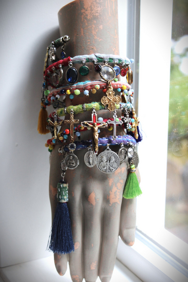 Joyful Deliverance Wrap Bracelet with Hand Stitched Kantha,Dozens of Antique Medals, Crosses, Faceted Crystals & Art Deco Glass Beads