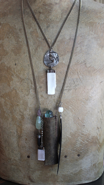 As Fine as Soul Necklace Set with Fluorite Capped Selenite Wand & Pouch, Twilight Goddess Medal, Sterling Capped Raven Wing & Black Tourmaline + More!