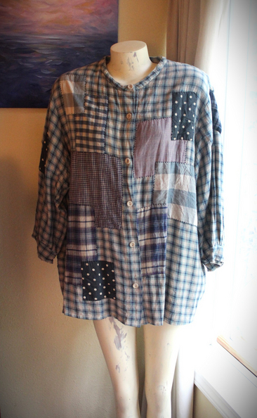 Magnolia Pearl Flannel Cotton Patchwork Shirt with Hand Stitching, Fabric Covered Buttons and 3 Quarter Length Sleeves