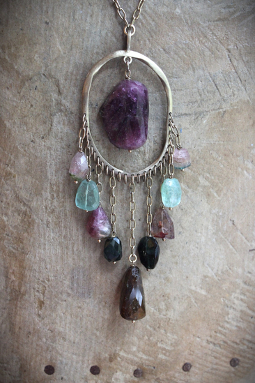 NEW! Brave Soul Necklace with 10 Faceted Tourmaline Gemstones, Unique Freeform Connector, Vintage Link Chain & Toggle Clasp