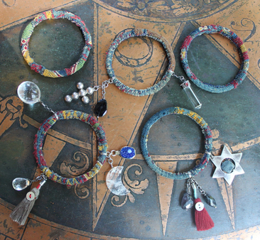 Celestial Dreamer Bangle Set with Antique Embroidered Lambani Textile,Rock Quartz Moon, Orb and Tear Drop,Sterling Cross & More!