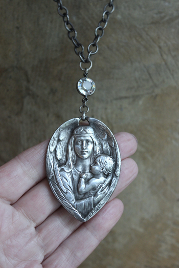 Under His Wings Necklace with Once in a Lifetime Antique Sterling Harden Medal,Antique Faceted Rock Crystal Connector,Solid Sterling Chain & Clasp