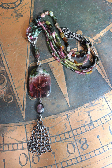 Sold to J Extraordinary Faceted Watermelon Tourmaline Slice Necklace with Multistrand Tourmaline Chains and Sterling Chain Tassel