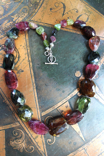 Sold to J One of a Kind Checkerboard Faceted Tourmaline Gemstone Necklace with Sterling Toggle Clasp