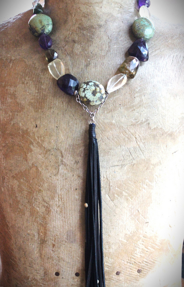 SOLD to J Faceted Gemstone Necklace with Amethyst,Smoky Topaz,Tourmaline,Lemon Quartz,Rock Quartz, Old Royston Turquoise Stones & Premium Black Leather Tassel