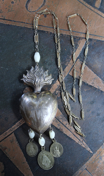 Antique French Marian Flaming Heart Ex Voto Locket Necklace with Antique French Medals, Antique Rosary Mother of Pearl Beads,Unique Antique Chain