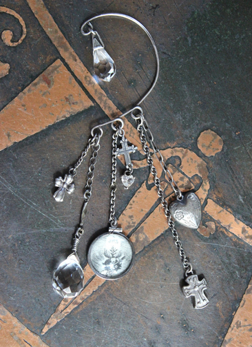 Sterling Ear Cuff & Single Sterling Earring Set with Sterling Crosses,Sacred Heart under Glass Drop,Faceted Rock Crystal Drops & More!