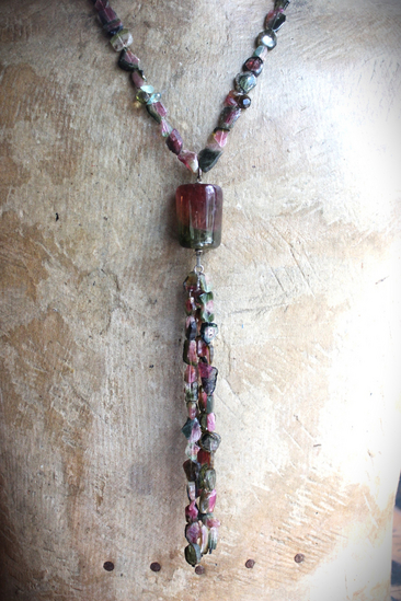 SOLD TO J Extraordinary Watermelon Tourmaline Necklace with Amazing Central Polished Gemstone, Dozens of Sliced Watermelon Pieces & Faceted Gemstone Briolettes