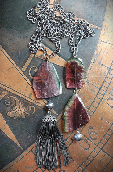 SOLD TO J OOAK Checkerboard Faceted Watermelon Tourmaline Slice Necklace Set with Solid Sterling Chain, Sterling Bead and Antique Wheat Chain Tassel