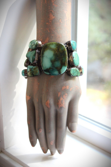 SOLD to J The Healer Bracelet with Sterling Bezel Set Royston Turquoise, Rock Quartz Star,Antique Turquoise Mosaic Bead, Sterling Cross & More!