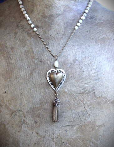 Antique French Carved MOP Heart Necklace with Tiny Antique French Rosary MOP Chain,Unique Antique Foxtail Chain Tassel, Foxtail Chain