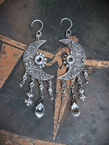Light Persists Earrings w/Intricate Antique Sterling Crescent Moons, Tiny Sterling Stars, Faceted Rock Crystal Tear Drops,Sterling Heart Cross