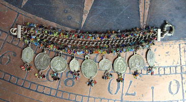 Unique 3 Strand Bracelet with 9 Antique French Medals, Hundreds of Tiny Bead Drops, Vintage Chain & Clasp