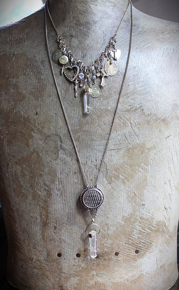 Charm Necklace Set with Solid Perfume Pendant Locket, Quartz Point Drops,Antique French Medals,Hearts,Locket & More!
