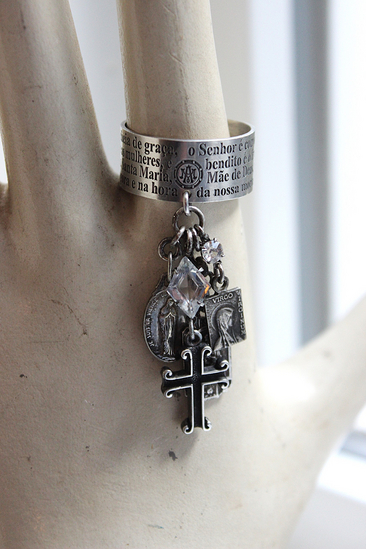 Artist Signed Engraved Sterling Ring w/Hail Mary in Spanish/Portuguese,Small Sterling Cross,Tiny Antique French Medals,Antique Faceted Rock Crystal Connectors