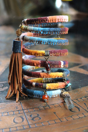 Antique Serape Textile Coil Bracelet with Sterling Capped Quartz Point, Serape Capped Leather Tassel,Faceted Gemstone & Turquoise Drops