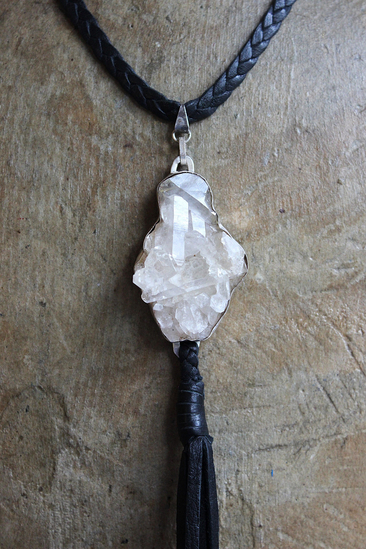 NEW! Seek That Necklace with Sterling Bezelled Faceted Rock Quartz Pendant, Long Butter Soft Leather Tassel and Braided Leather Chain 
