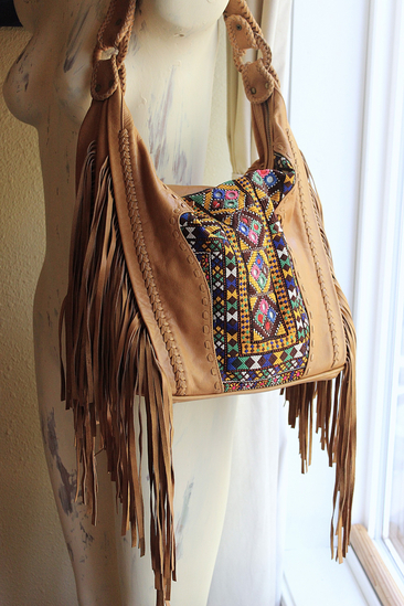 OOAK High Quality Kavana Butter Soft Leather Fringe Bag with Woven Banjara Textile, Stitching Details and Whipstitched Strap
