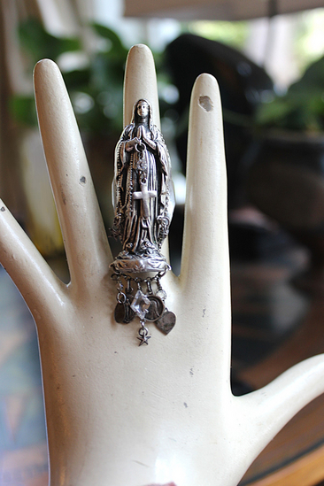 Sold to L Our Mother Sterling Ring with Antique Benitier Mother Mary,Tiny Antique French Medals,Antique Faceted Rock Crystal Connectors 