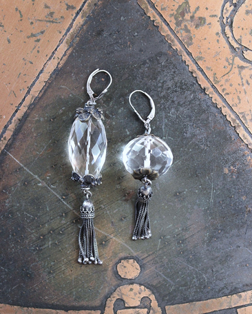 Better Things Earrings with Faceted Clear Rock Quartz,Unique Bead Point Caps, Sterling Foxtail Chain Tassels, Sterling Earring Wires