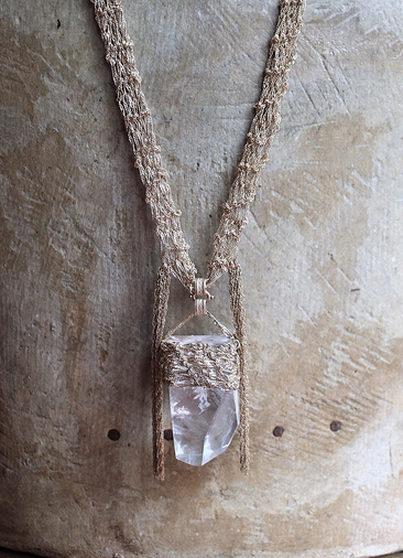 Tower of the Past Necklace with Crocheted Chain and One of a Kind Clear Rock Quartz Pendant