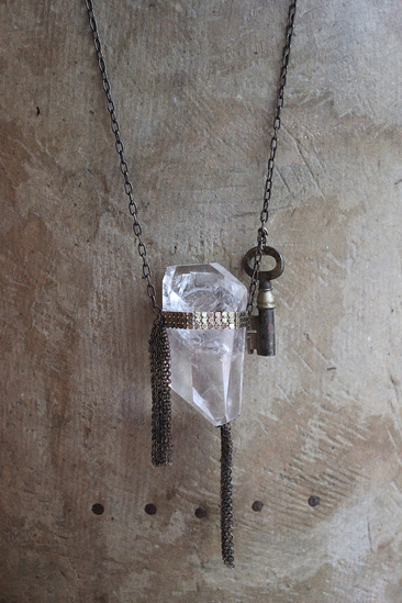The Key Necklace with Unique Clear Quartz Pendant and Antique Padlock Key