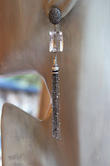NEW! OOAK Antique Step Faceted Rock Crystal & Pave Natural Diamond Post Earrings with Sterling Tassels