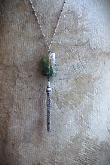 SOLD TO D Checkerboard Faceted Barrel Cut Bi-Color Tourmaline Necklace with Sterling Bead Point Chain Tassel & Chain