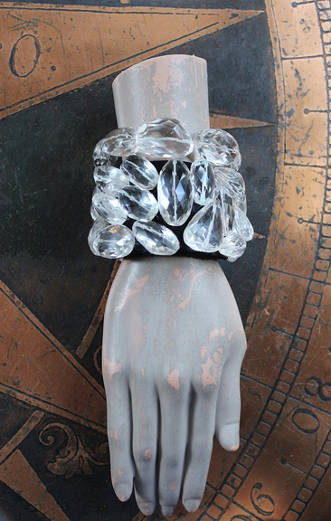 NEW! Faceted Rock Quartz Crystal Cuff Bracelet Set with Highly Faceted Stones, Premium Black Leather and Sterling Clasp