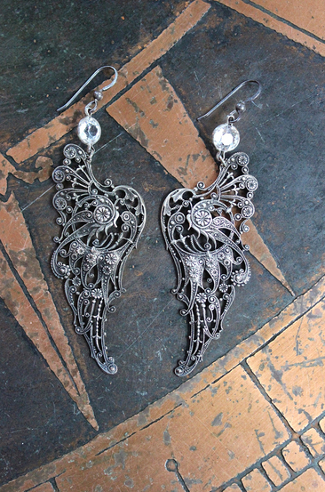 NEW! You Have Wings Earrings with Antique Intricate Sterling Wings,Antique Bezel Set Faceted Crystal Connectors,Sterling Earring Hooks