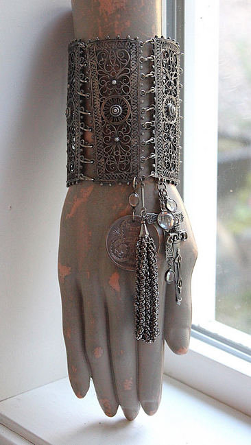 SOLD to L Put on the Whole Armor of God Bracelet w/Antique Etruscan Panels, Rare 1870 Henry Beecher Medal,Rare Antique Cut Steel Tassel, French Sword & Cross Medals & Bezel Set Crystals