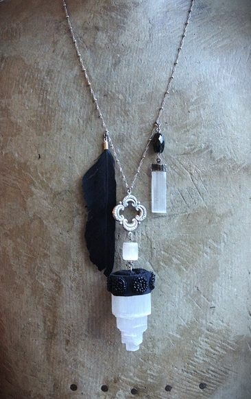 Inner Power Necklace with Rare Small Selenite Tower,Raven Feather,Hand Stitched Seed Beads & Embroidered Crescent Moons++