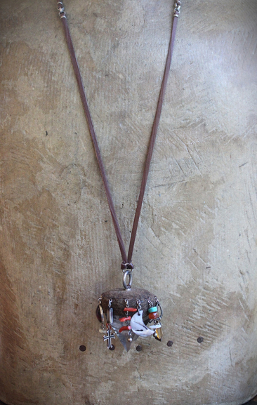 Cosmic Journey Necklace with Amazing Pyramid Rock Crystal Point, Distressed Leather Cap, Multiple Unique Dangles