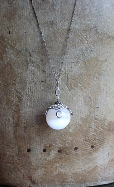 SOLD to J There is no Darkness Necklace with Polished Selenite Orb, Unique Antique Bezel Set Paste Cap, Bezel Set Oval Faceted Crystal Drops, Sterling Chain
