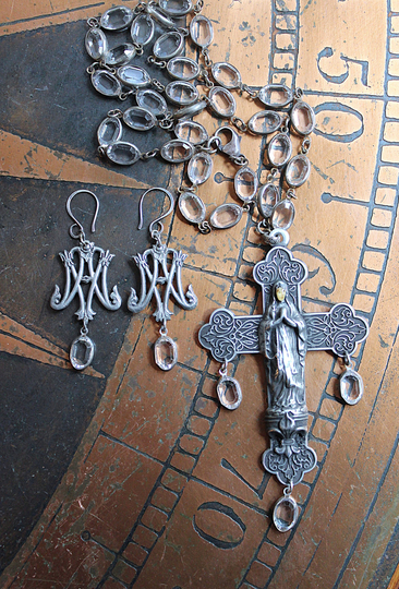 Peace to your Soul Necklace and Earring Set with Rare Marian Cross,Oval Bezel Set Faceted Crystal Chain & Drops, French Freres Scrolled Initial AM Medals