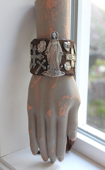 The Milagro Cuff Bracelet with Distressed Leather, 16 Antique & Vintage Crosses and Medals and Leather Tassel